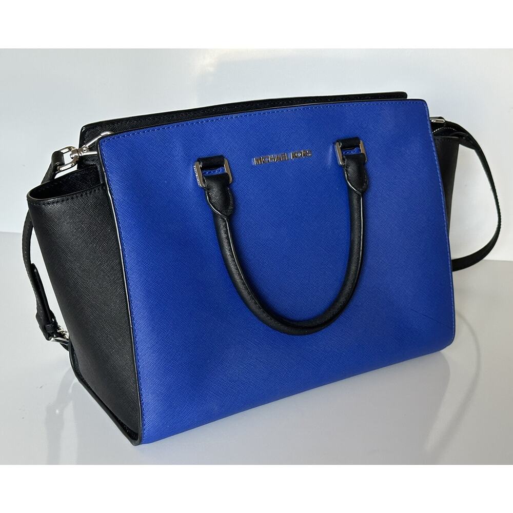 Michael Kors Selma Sapphire/Black LG Leather Satchel Handbag - Picture 1 of 13